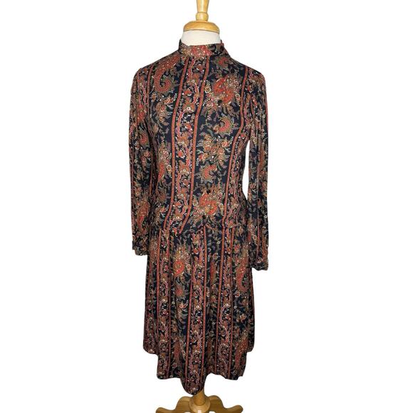 JONES NEW YORK Vintage Black Fall Paisley Skirt Set Size 8 High Neck Asymmetric - Picture 1 of 13